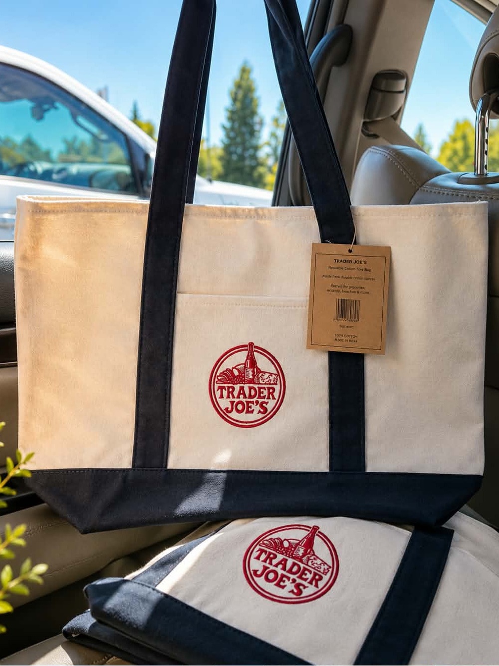 Trader Joe's Cream and Navy Canvas Tote Bag